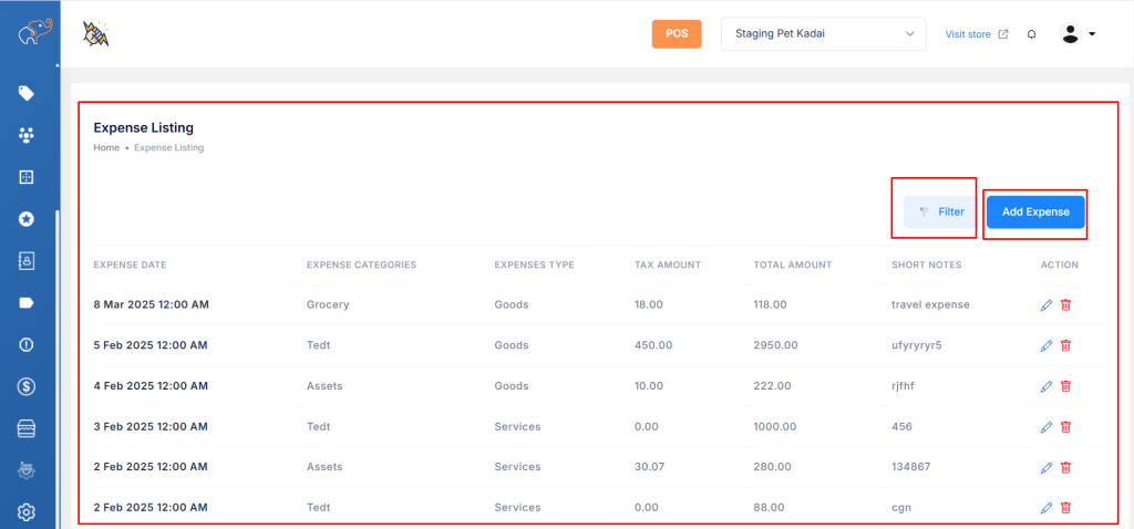 Expense listing
